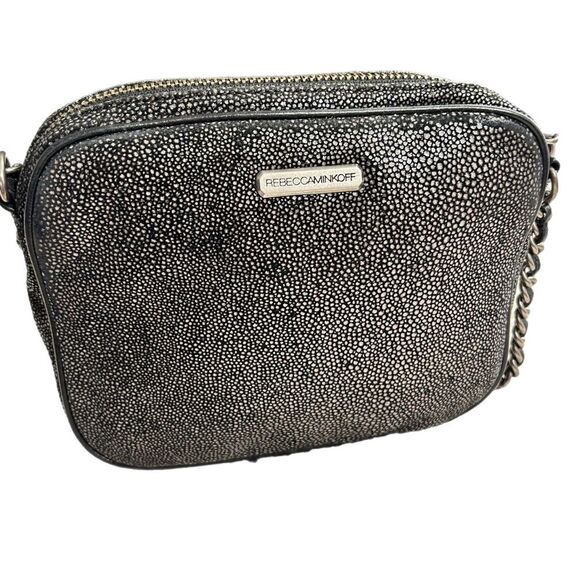 Rebecca Minkoff Black Leather Buckle Bag Crossbody Pebbled Silver - Picture 2 of 16